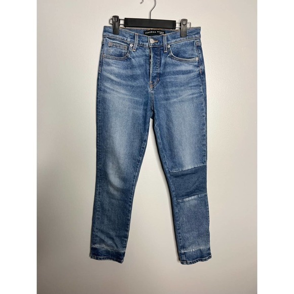 Veronica Beard Ryleigh High Rise Slim Straight Patched Jeans Blue Inseam 28” - Picture 4 of 14